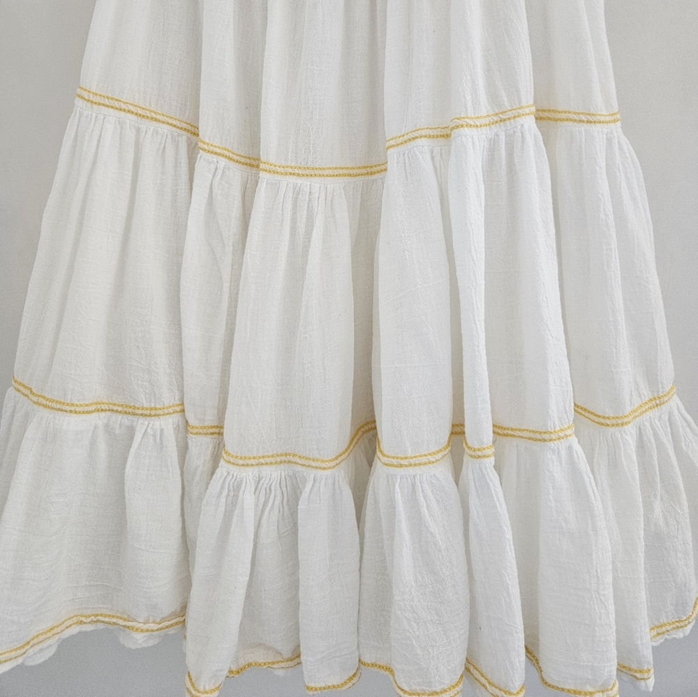 Honorine Peri White With Yellow Embroidered Strips Tiered Pouff Dress - Picture 2 of 11